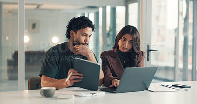 Buy stock photo Business, problem solving or tech support with man and woman in office together for troubleshooting. Help, meeting or tablet with employee and IT professional in workplace for network maintenance