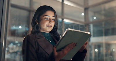 Buy stock photo Business woman, night and tablet in office for insurance, policy review or research. Technology, happy broker and online in workplace for reading email with claims, update and bokeh on overtime