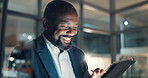Business, tablet and happy black man in office for insurance or policy review at night. Technology, mature broker and online in workplace for reading email with claims, bokeh and flare on overtime