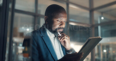 Buy stock photo Business, night and black man with tablet, thinking and budget report with problem solving. Mature person, evening and employee in office, tech and solution with funding proposal, deadline and choice
