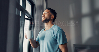 Buy stock photo Thinking, man and window with coffee at house of vision, calm morning and nostalgia memory. Thoughts, person and start day with beverage for reflection, outdoor view and daydreaming for weekend break