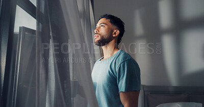 Buy stock photo Thinking, curtain and window with man in bedroom with coffee for wake up, reflection and memory. Vision, perspective and future with male person and tea in home for inspiration, morning and idea