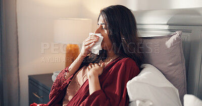Buy stock photo Tissue, cough and woman in bed in home with cold, flu or illness with recovery on weekend morning. Sick, chest pain and female person in bedroom with asthma, lung infection or virus in house.