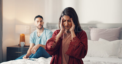Buy stock photo Argument, headache and stress with woman on bed in home for fighting or marriage conflict. Anxiety, divorce and migraine with couple in bedroom of apartment for disagreement, frustration or pain