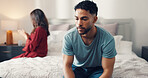 Man, thinking or bed with regret for cheating affair, fight or confrontation in home. Upset, male person or disappointed with guilt in separation for bedroom dispute, conflict or divorce in house