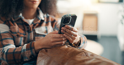 Buy stock photo Hands, woman and relax with phone on sofa for social media browsing, reading ebook or research. Weekend, person and smartphone in living room for app download, online shopping and dating site in home
