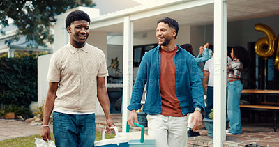 Buy stock photo Friends, happy men and cooler box for BBQ, social gathering or New year celebration by house. Carry container, party or people outdoor for talk, laugh or walk to barbecue with funny joke in backyard