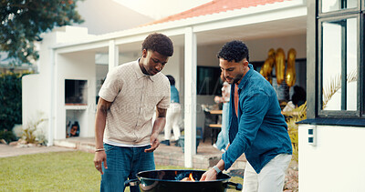 Buy stock photo People, friends and grill for bbq outdoor to check fire, new years party and social gathering. Men, help and prepare barbecue for lunch reunion, setup flame and bonding activity in backyard at house