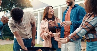 Buy stock photo Group, friends and grill for bbq outdoor to start fire, new years party and social gathering. Smile, people or prepare barbecue for lunch reunion, warm hands and bonding activity in backyard at house