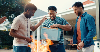 Buy stock photo Happy men, friends or bbq with cooler box in backyard for fire, social connection or bonding. Excited, male people or group with smile, alcohol or drink for barbecue gathering or outdoor get together