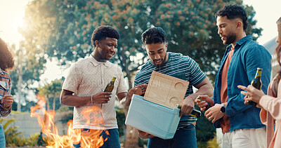 Buy stock photo BBQ, cooler box and drinks with men in backyard of home together for reunion or social gathering. Beers, fire and new year celebration with group of happy friends outdoor in garden of apartment