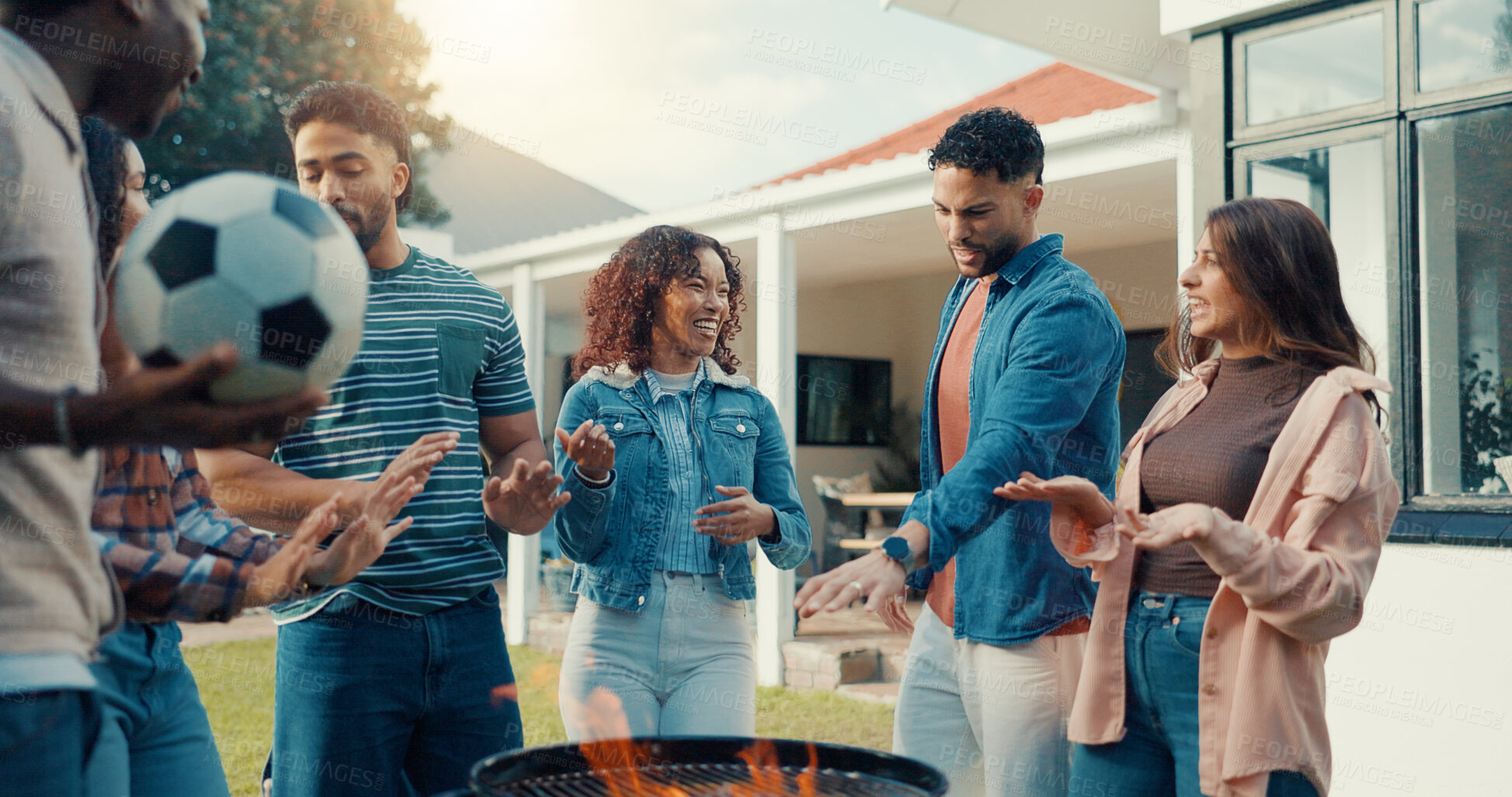 Buy stock photo Friends, people and conversation at barbecue at house, social gathering or reunion with laugh and food outdoor. Group, men and women with funny chat, preparing meal for BBQ and bonding in backyard