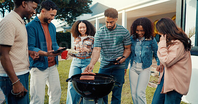 Buy stock photo Friends, happy people and sausage for barbecue at house, social gathering or reunion event with food outdoor. Group, men and women with help preparing meal, BBQ and bonding in backyard of home