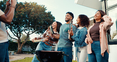 Buy stock photo BBQ, people and photo of friends at party, laugh or grill for new year celebration with food. Picture, together or excited group at barbecue, bonding or peace sign for social media at home backyard