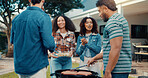 Friends, people and sausage for bbq at house, social gathering or reunion with chat and food outdoor. Group, men and women with conversation, preparing meal for barbecue and bonding in backyard