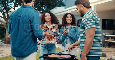 Buy stock photo Friends, people and sausage for BBQ at house, social gathering or reunion with chat and food outdoor. Group, men and women with conversation, preparing meal for barbecue and bonding in backyard