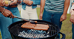Hands, person and bbq food on grill of meal prep, grilled sausage and cooking for social gathering. Friends, tong and barbecue meat on heat for lunch, cookout event and party reunion in house outdoor