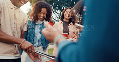 Buy stock photo Happy people, friends and celebration with BBQ in backyard for social connection or bonding. Excited, group or laughing with smile, alcohol or drink for fun barbecue gathering or outdoor get together