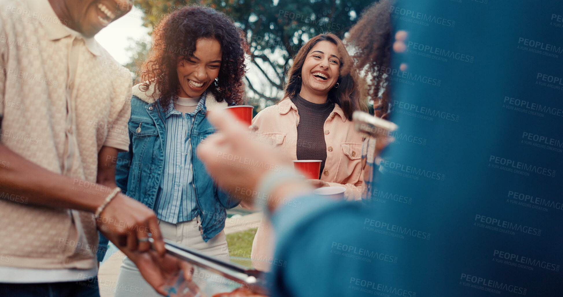 Buy stock photo Happy people, friends and celebration with BBQ in backyard for social connection or bonding. Excited, group or laughing with smile, alcohol or drink for fun barbecue gathering or outdoor get together