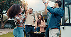Group, people and cheering for bbq outdoor with celebration, summer vacation and bonding, Happy, friends and party with barbecue food on grill at house for social gathering, reunion and cookout event