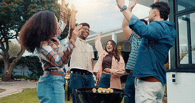 Buy stock photo Group, people and cheering for bbq outdoor with celebration, summer vacation and bonding, Happy, friends and party with barbecue food on grill at house for social gathering, reunion and cookout event