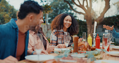 Buy stock photo Friends, laugh and discussion with lunch outdoor for conversation, bonding and social gathering. Thanksgiving celebration, people and happy together with eating for holiday reunion and weekend break