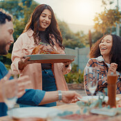 Barbecue, friends and serving roast outdoor for reunion party, social ...