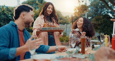 Buy stock photo Barbecue, friends and serving roast outdoor for reunion party, social gathering and cookout food. Happy, group of people and chicken at backyard BBQ for new year celebration, weekend fun and bonding