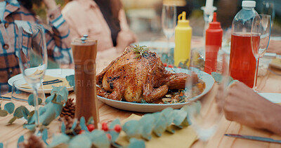 Buy stock photo People, chicken and dining with friends for thanksgiving, social gathering or hospitality. Group, community or BBQ with roasted recipe for catering service, festive meal or holiday dinner at table