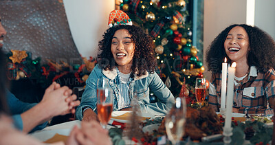 Buy stock photo People, friends and laughing with food for Christmas holiday of festive lunch, celebration and tradition. Women, chat and funny joke for social gathering, buffet reunion and bonding together at house