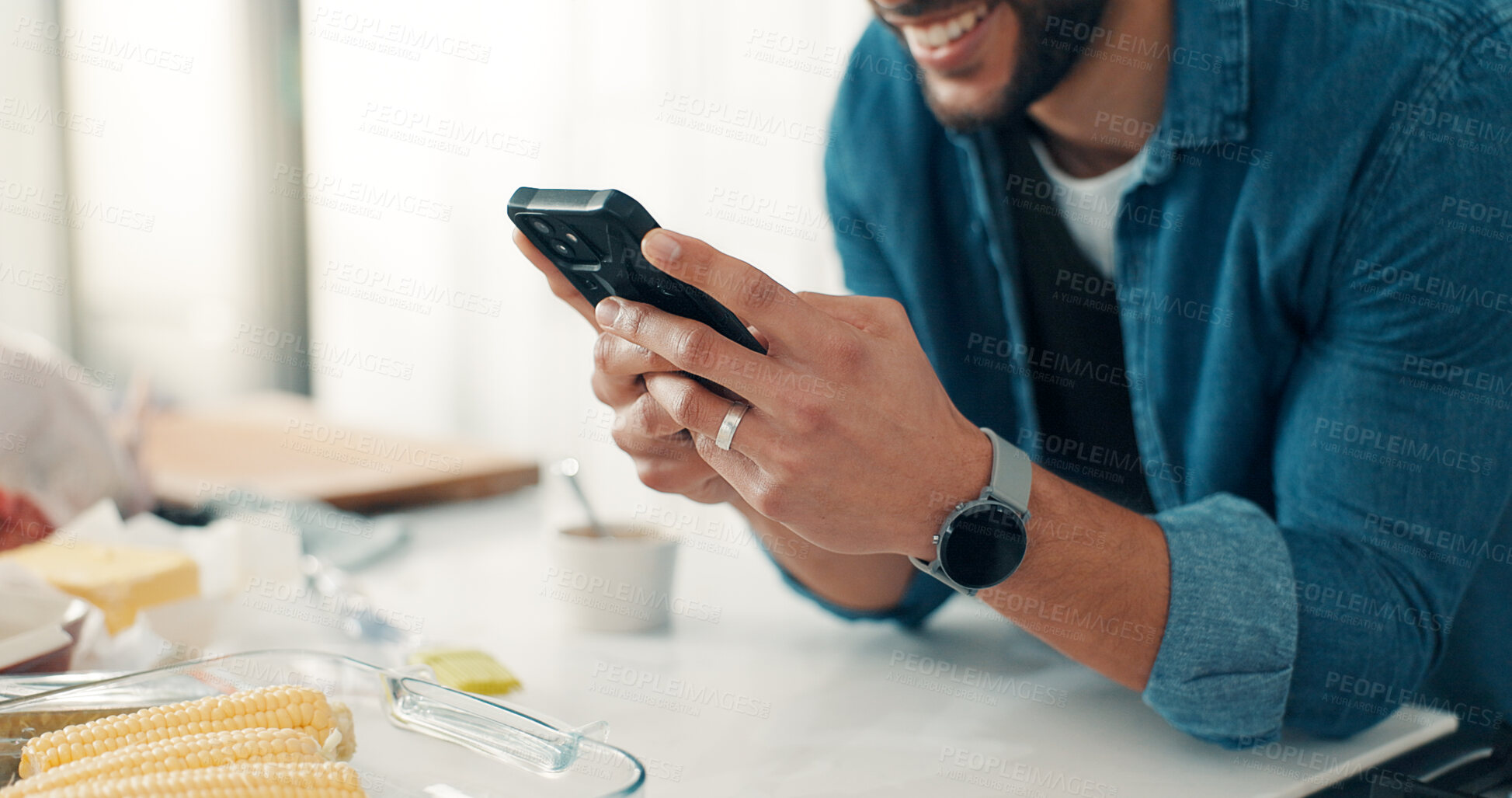 Buy stock photo Phone, food and hands of man in kitchen for cooking with online recipe on mobile app in apartment. Happy, cellphone and person with ingredients for dinner, meal or supper with instructions in home.