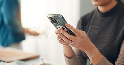 Buy stock photo Texting, online and hands with smartphone, office and employee with mobile for communication on app. Typing, message and digital chat with contact, person and browsing on website or social media