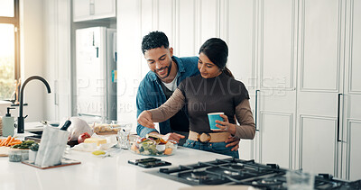 Buy stock photo Cooking, love and couple in kitchen for thanksgiving, meal prep and supper or festive lunch. Turkey, food and man with woman with ingredients, recipe and meat for nutrition, dish or dinner in home