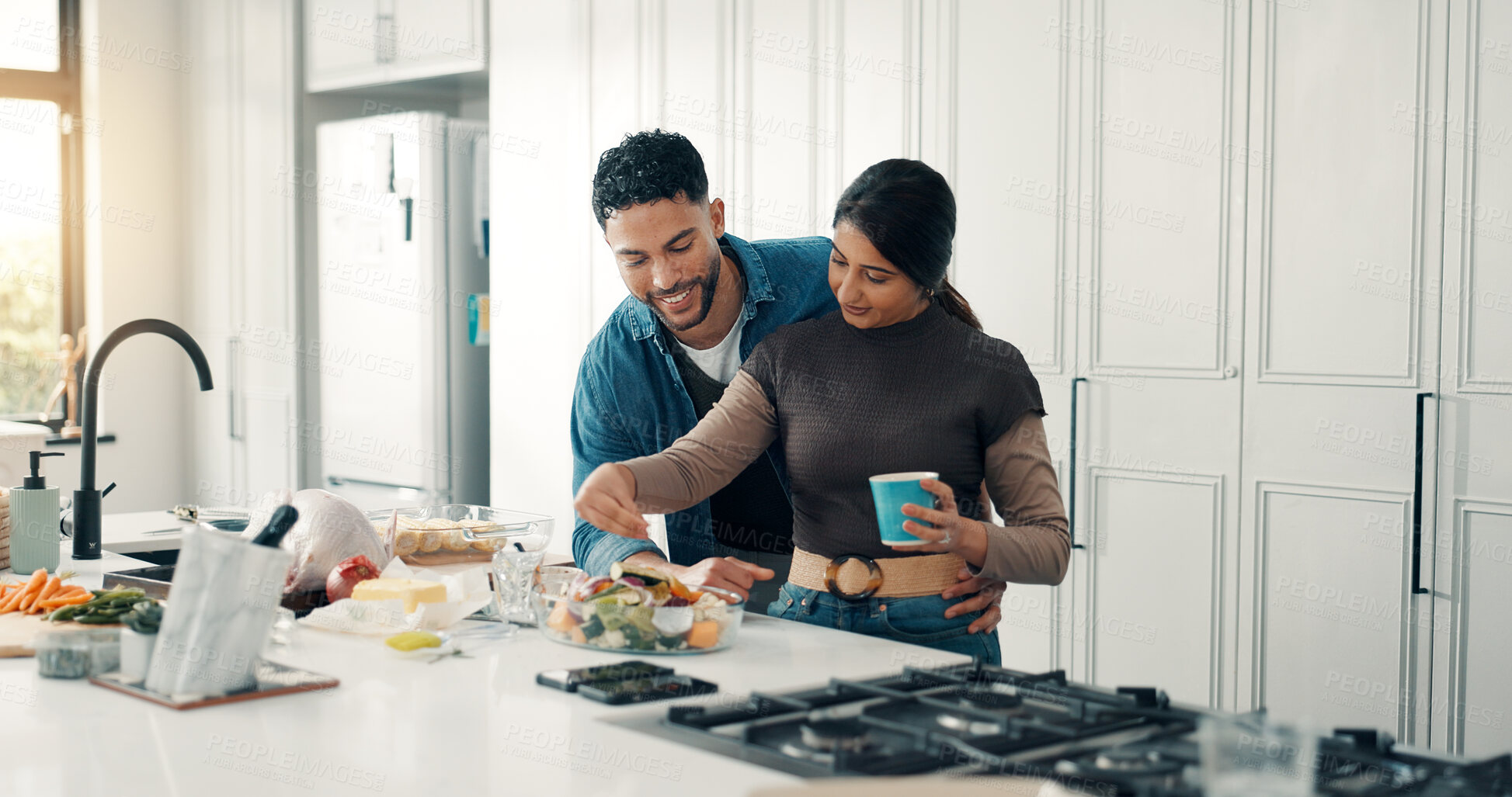 Buy stock photo Cooking, love and couple in kitchen for thanksgiving, meal prep and supper or festive lunch. Turkey, food and man with woman with ingredients, recipe and meat for nutrition, dish or dinner in home