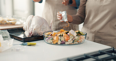 Buy stock photo Cooking, hands and people in kitchen with vegetables for meal prep, supper and festive lunch. Thanksgiving, turkey and man with woman, ingredients and recipe for nutrition, dish or dinner in home