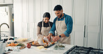 Cooking, love and couple in kitchen in home for bonding, connection or preparing meal together. Chicken, ingredients and man with woman for healthy, wellness or diet dinner for nutrition in apartment