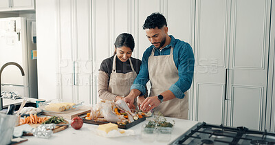 Buy stock photo Cooking, love and couple in kitchen in home for bonding, connection or preparing meal together. Chicken, ingredients and man with woman for healthy, wellness or diet dinner for nutrition in apartment