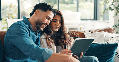 Buy stock photo Smile, couple and rest with tablet at house for social media, reading funny meme and bonding. Happy, people and digital for streaming film, comedy movie and entertainment subscription in living room