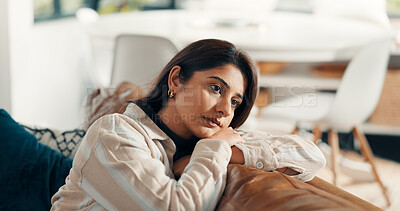 Buy stock photo Home, thinking and woman on sofa, sad and contemplation with depression, emotion and anxious. Apartment, bored and person with mental health, concern and worry with stress, burnout and unhappy