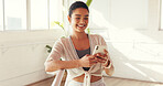 Phone, smile and woman in gym for fitness, track progress or information online for wellness. Mobile, studio or happy person check health app for pilates, exercise schedule or reading on social media