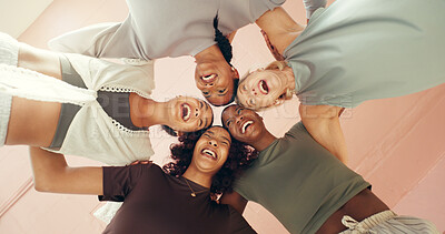 Buy stock photo Fitness, huddle and laughing with woman friends in studio together for pilates class from below. Circle, exercise and smile with group of funny people in health club for bonding, training or wellness