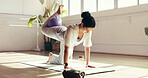 Woman, balance and medicine ball with mat in studio for pilates, yoga or stability exercise. Active, female person and support with object for physical activity, posture or stretching in health club