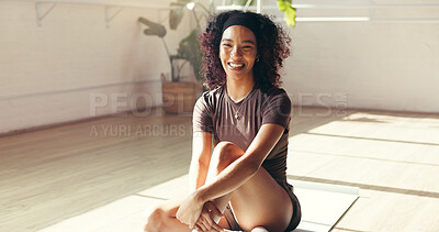 Buy stock photo Portrait, yoga and happy woman in club for fitness, health and rest for holistic exercise. Smile, yogi and person in gym for peace, calm and relax for pilates break on floor with wellness in studio