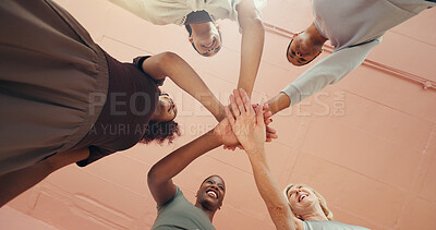 Buy stock photo Exercise, hand stack and unity with woman friends in studio together for pilates class from below. Circle, fitness and solidarity with group of people in health club for bonding, training or wellness