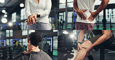 Buy stock photo Collage, injury and people with pain in gym, exercise mistake or accident with fibromyalgia or muscle tension. Montage, nerve damage or inflammation with athlete and tender joint at fitness center