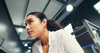 Buy stock photo Tired, training and woman in gym, sweating and wellness with fitness, exhausted and challenge. Breathing, health center and person with exercise, break and fatigue with endurance, rest and workout