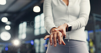 Buy stock photo Hands, wrist pain or woman in gym, fitness or fibromyalgia with carpal tunnel syndrome. Flare, health center or person with training, osteoporosis or joint injury with muscle tension or discomfort