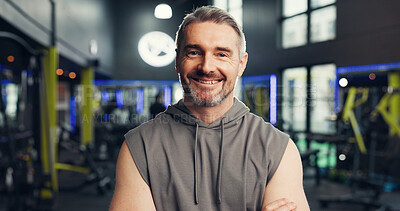 Buy stock photo Fitness, man and smile with portrait at gym for bodybuilding practice, health training and exercise. Personal trainer, mature person and happy at sports club for workout routine or muscle development