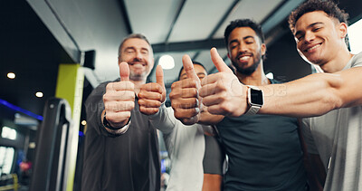Buy stock photo Fitness, thumbs up and portrait of people in gym with smile for exercise, training and workout. Sports, trainer team and men and woman with yes sign, happy and emoji for wellness, health and support