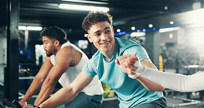 Buy stock photo Fitness, spin class and friends fist bump on bicycle for cardio exercise, workout and training. Sports, health club and people on stationary bike for cycling, endurance and challenge for support